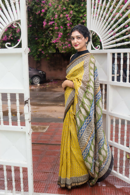 Lime Road - Yellow Hand Block Print Maheshwari Silk Saree