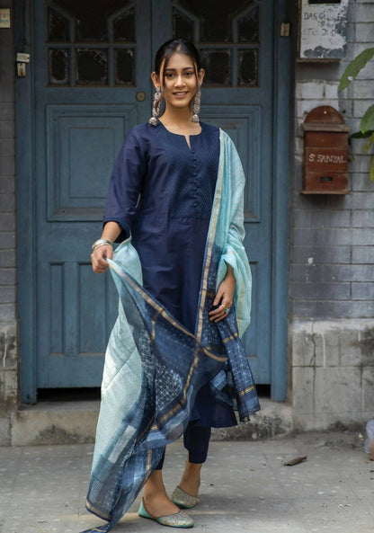 Navy Blue Shibori Dupatta Set