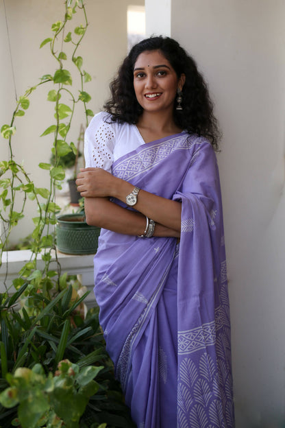 Pretty in Lilac - Hand Block Print Mulmul Cotton Bagru Saree