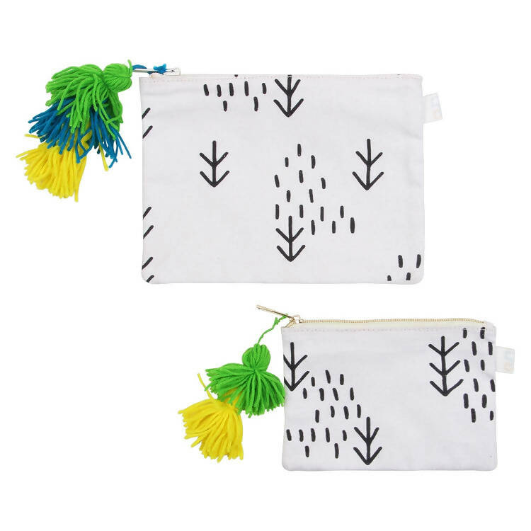 Abstract White Tassel Pouch - Set of 2