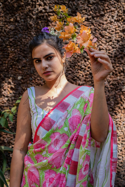 Bougainvillea Hand Printed Linen Saree