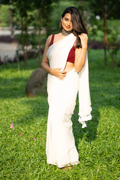 Noori White Plain Saree