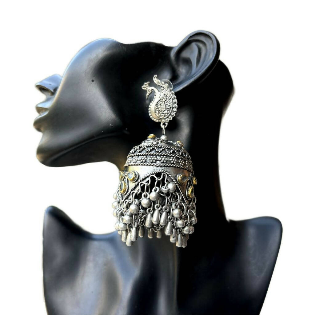 Silver Oxidised Panash Jhumkas/Peacock Oversized Jhumkas