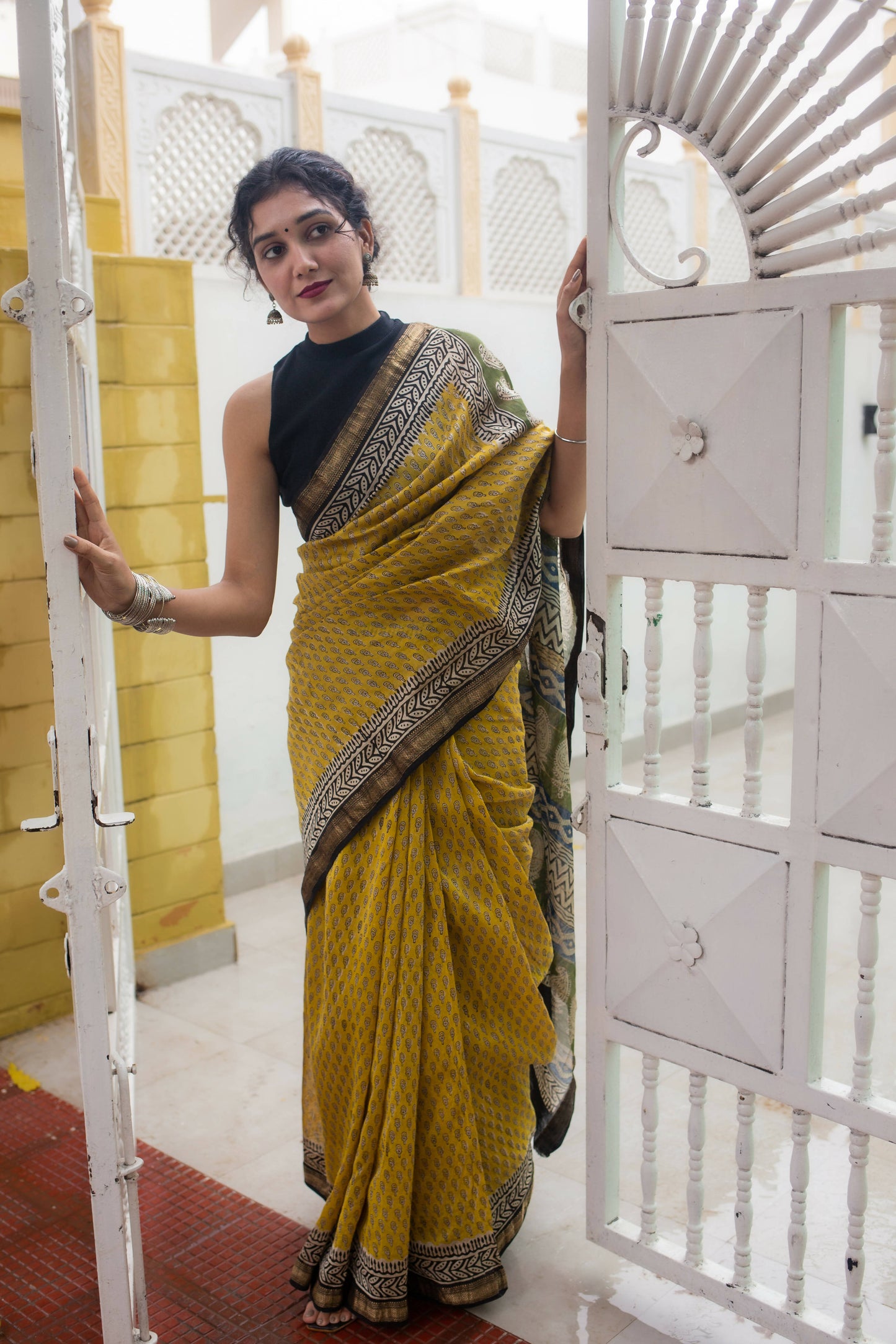 Lime Road - Yellow Hand Block Print Maheshwari Silk Saree