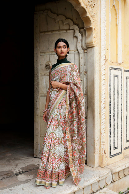 Garden of Symphony - Hand Block Print Maheshwari Silk Saree