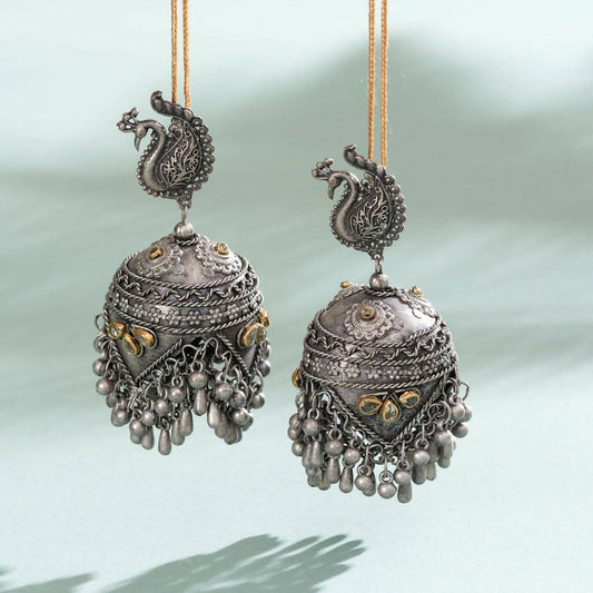 Silver Oxidised Panash Jhumkas/Peacock Oversized Jhumkas