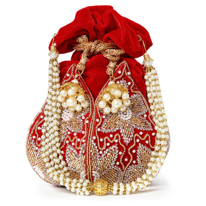 Red Cutdana Lotus Potli: Vibrant Elegance