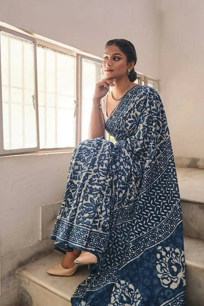 Take Me Back To Benaras - Indigo Dabu Hand Block Printed Mulmul Cotton Bagru Saree