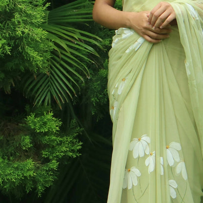 Half-Daisies Olive Green Chiffon Saree