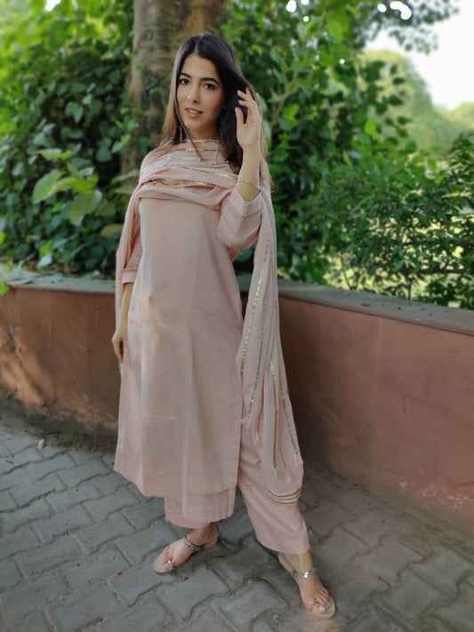 Nude Pink Cotton Dupatta Set