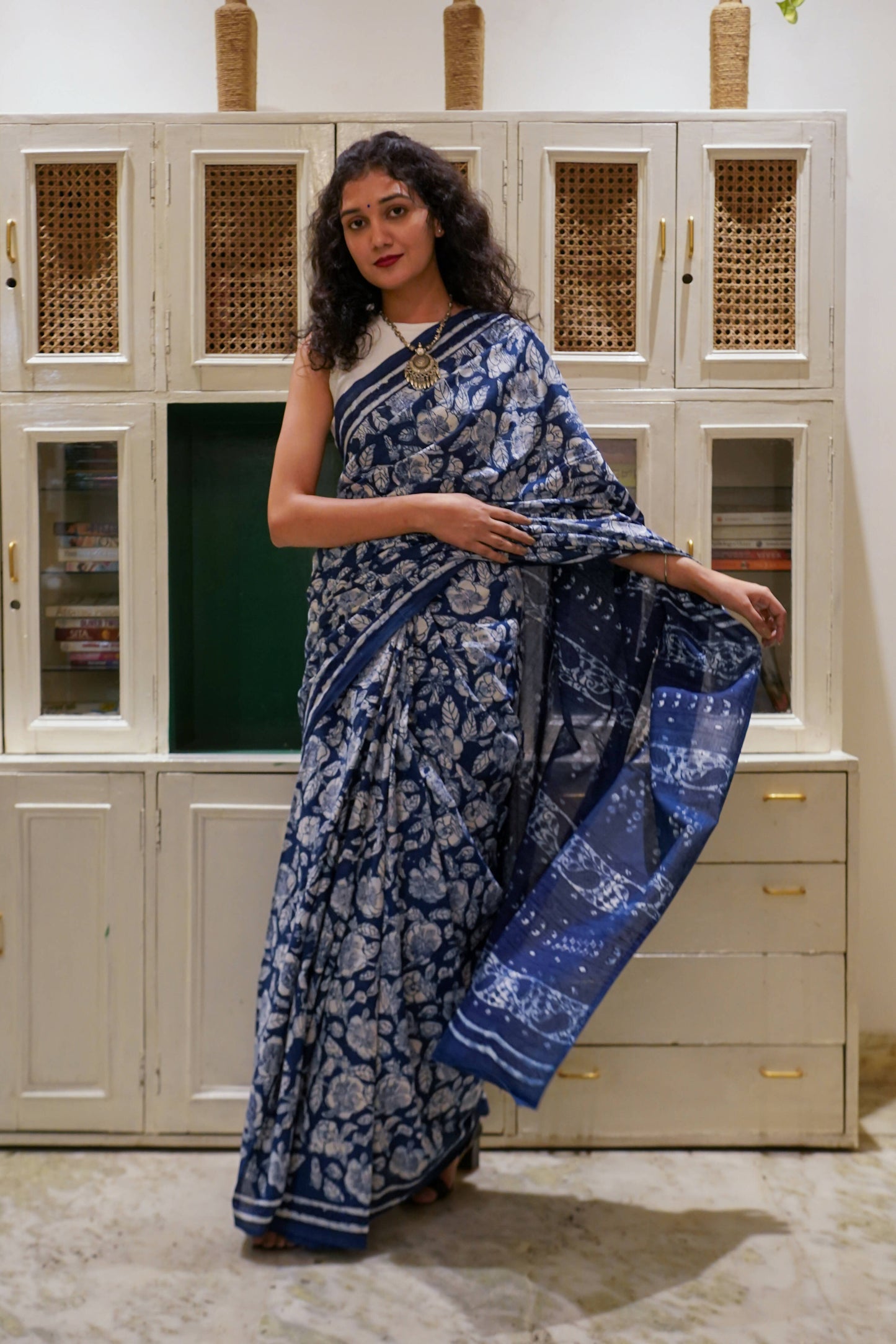 Indigo Hibiscus - Hand Block Print Mulmul Cotton Bagru Saree