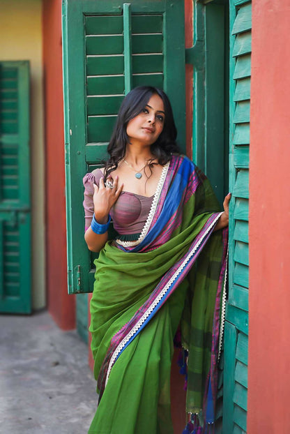A Soaked Olive Cotton Saree
