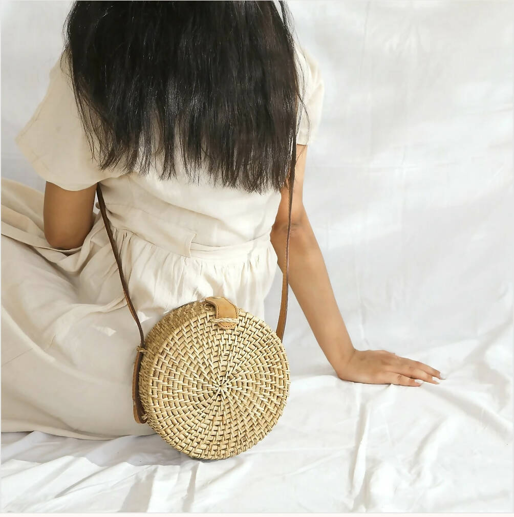 Natural Cane Sling Bag 8 Diameter Beige Cane