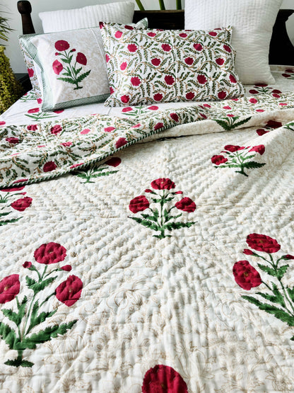 Red Poppy Hand Block Printed Cotton Bedding Set