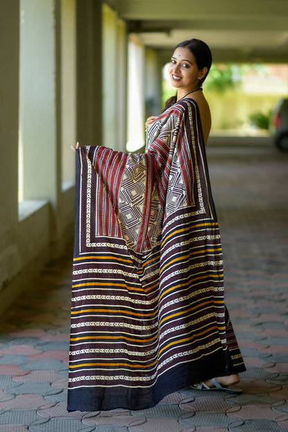 Antique Embrace - Hand Block Print Mulmul Cotton Bagru Saree