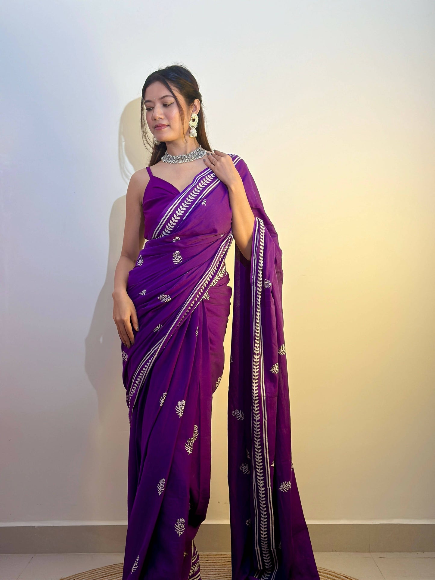 Party Purples Handblock Print Natural Dyed Mulmul Cotton Saree