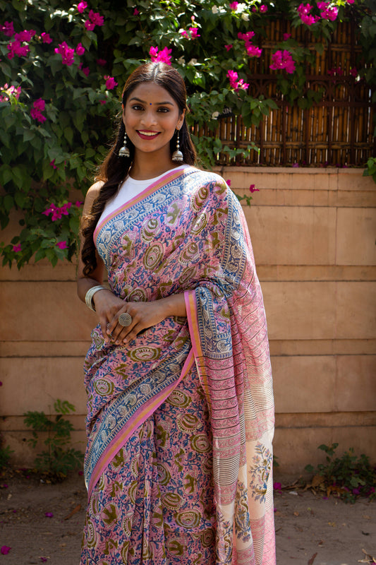 Bluebells - Pink Hand Block Print Chanderi Silk Saree