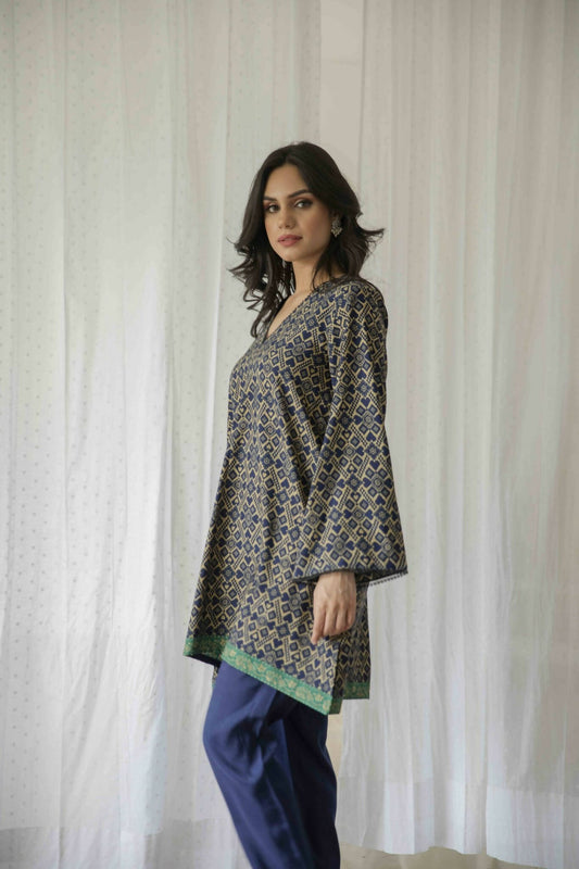 Dark Blue Printed Kurta Pant Set