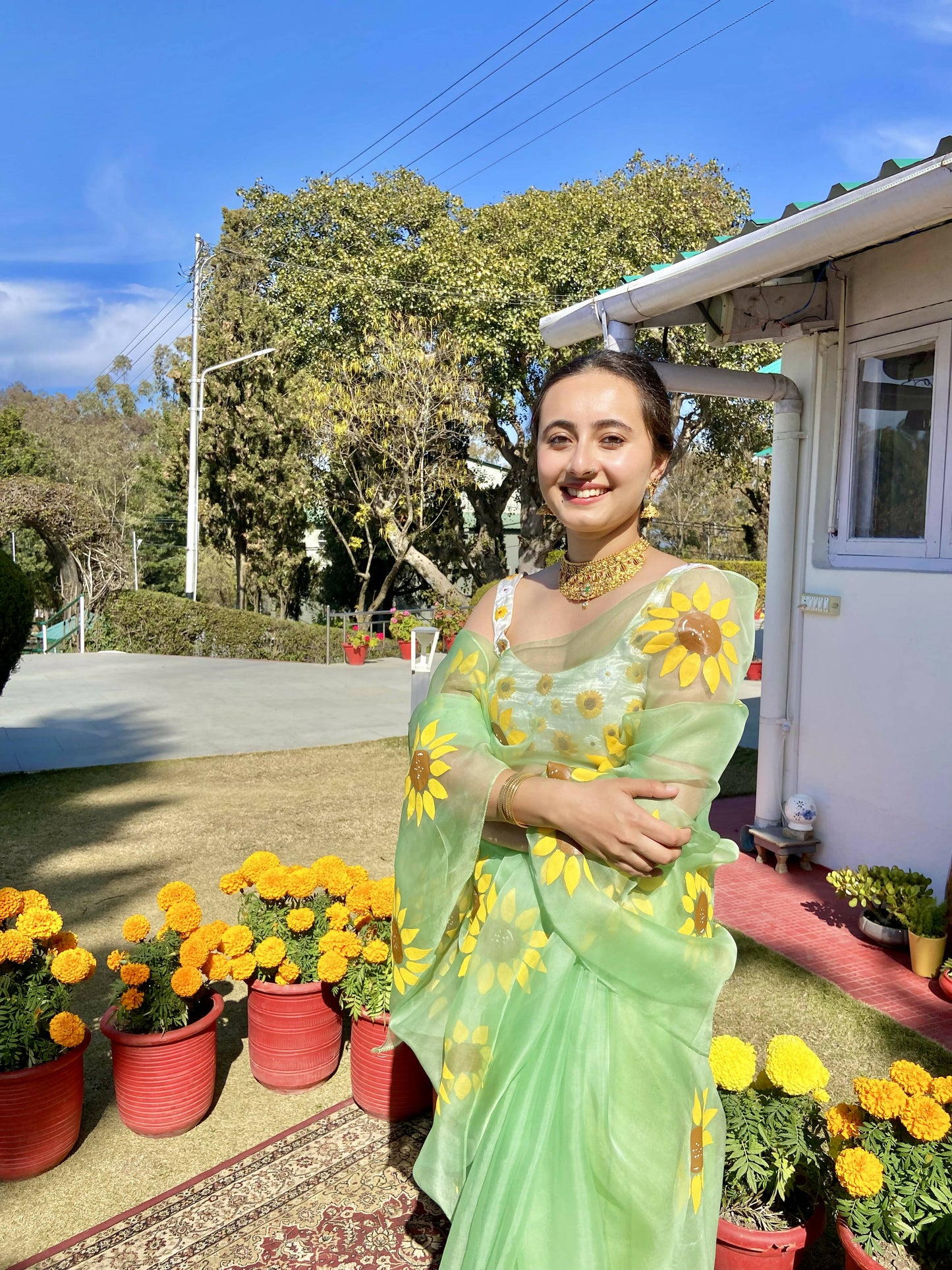 Mint Sunflower Handpainted Organza Saree