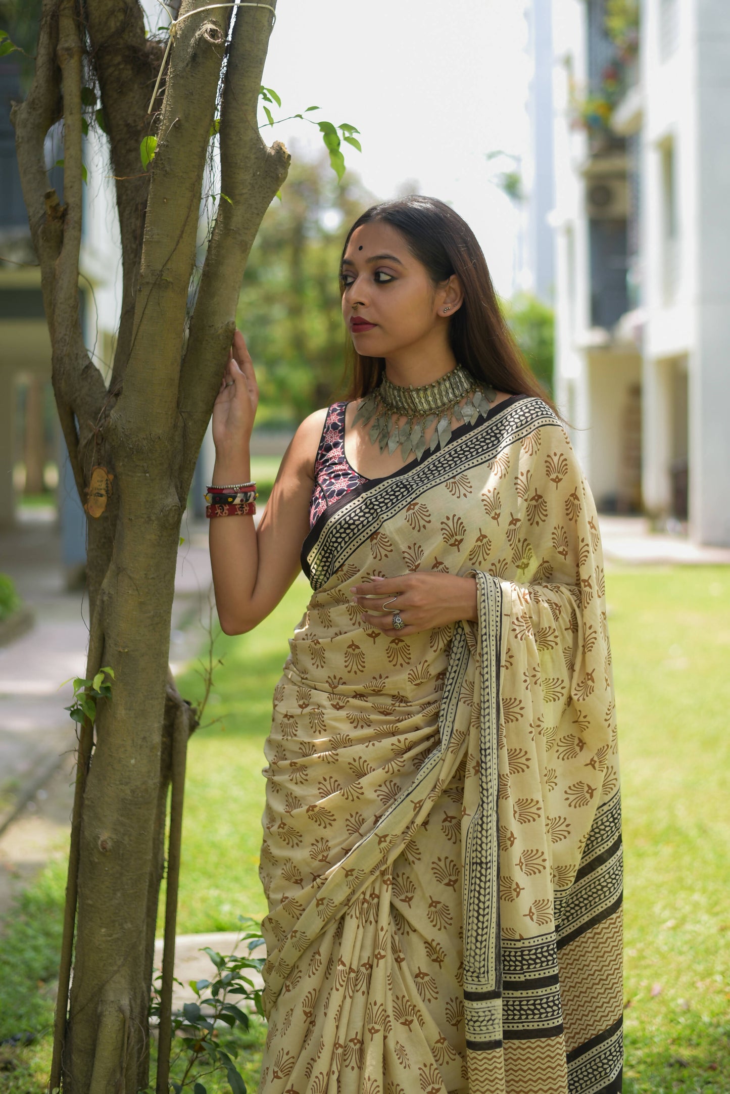 Desert Nomad - Hand Block Print Mulmul Cotton Bagru Saree