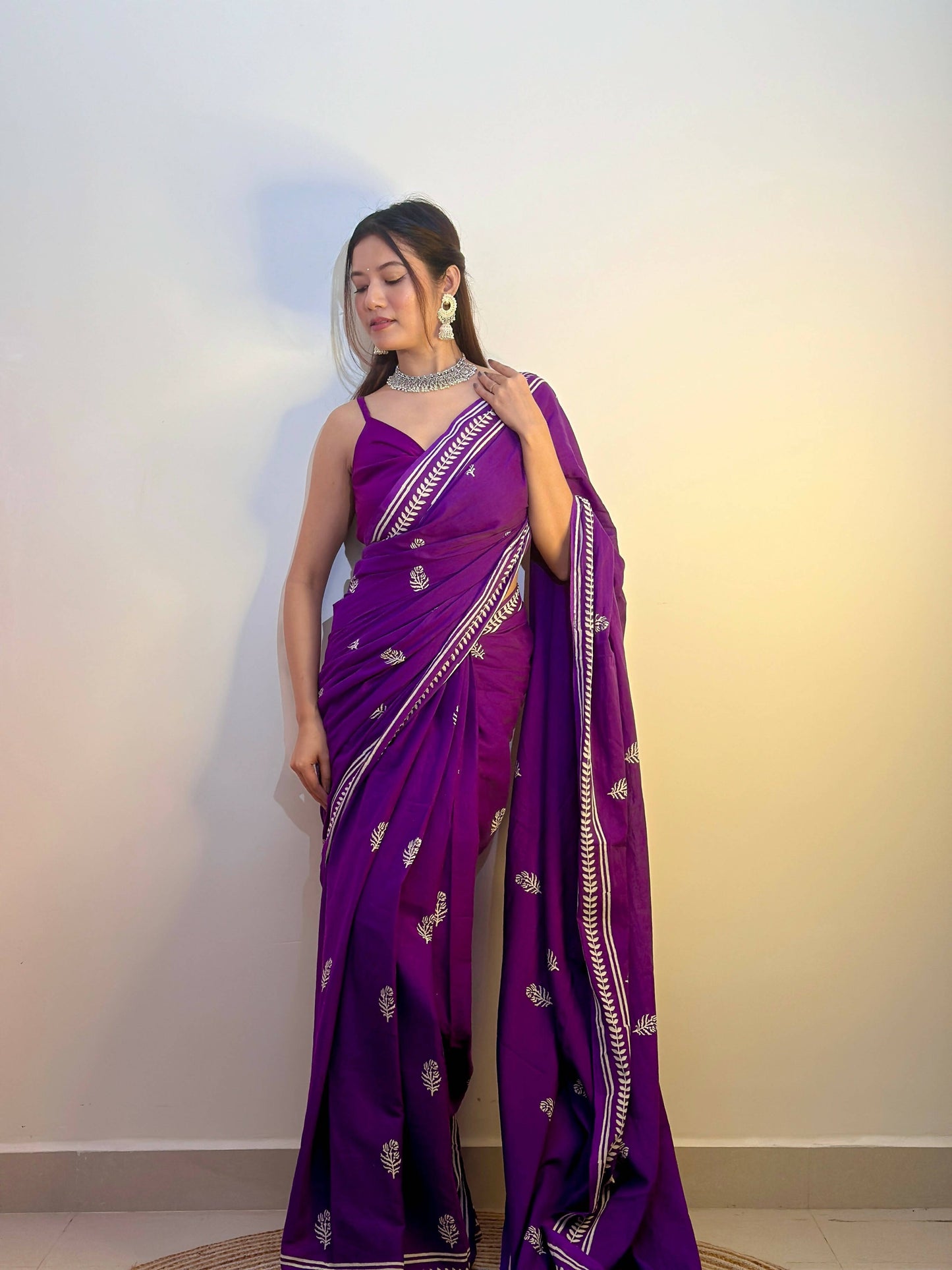 Party Purples Handblock Print Natural Dyed Mulmul Cotton Saree