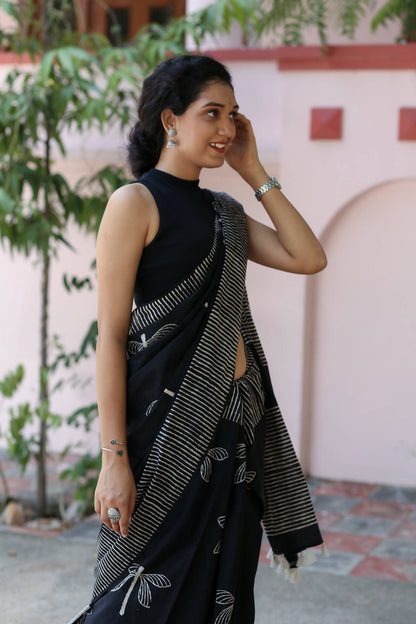 Black Dragonflies - Hand Block Print Mulmul Cotton Bagru Saree