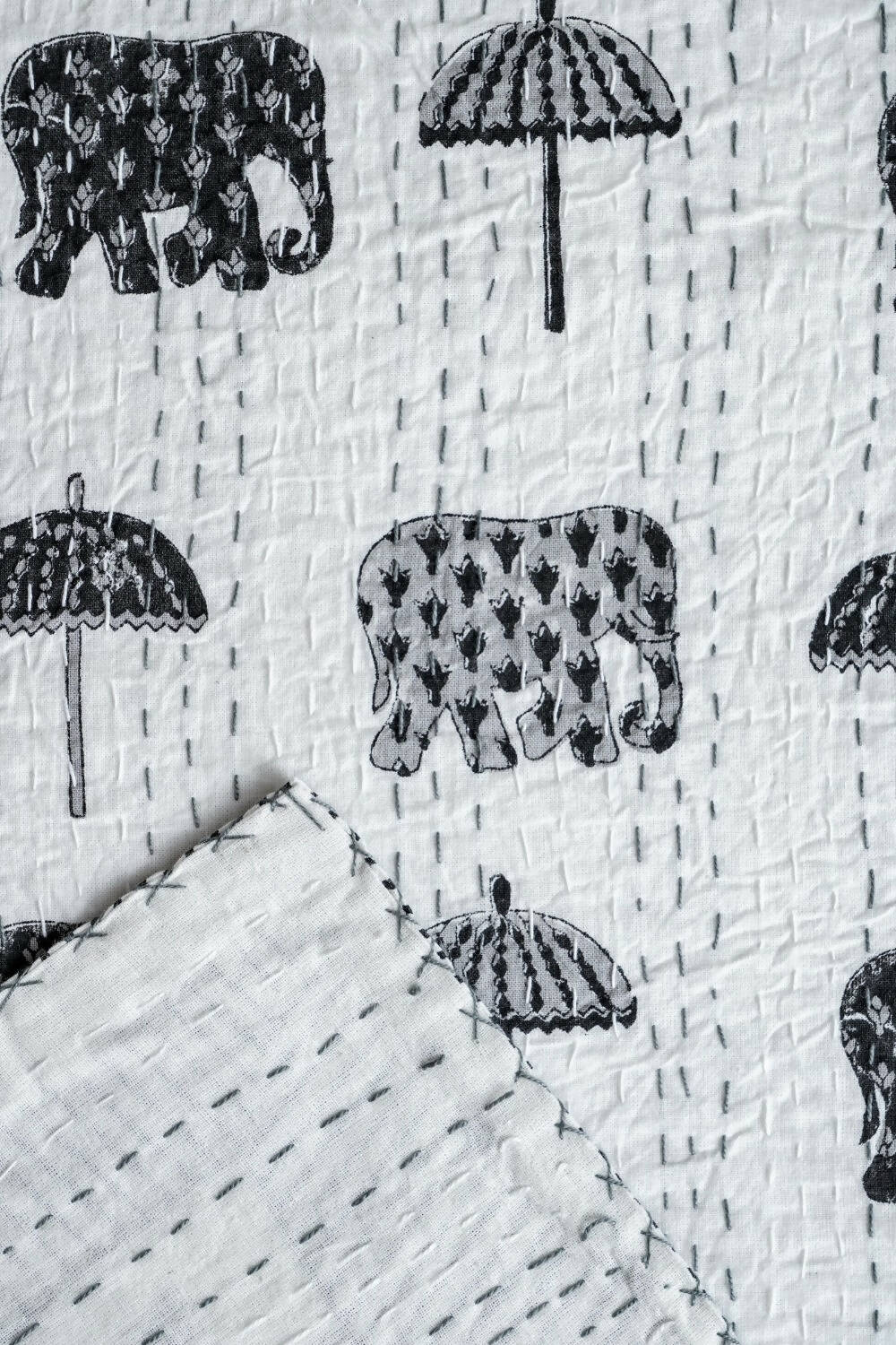 Black Elephant Umbrella Block Printed Kantha Bedcover