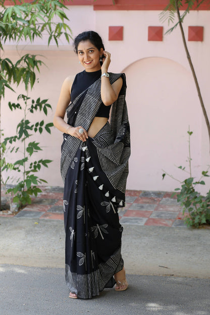 Black Dragonflies - Hand Block Print Mulmul Cotton Bagru Saree