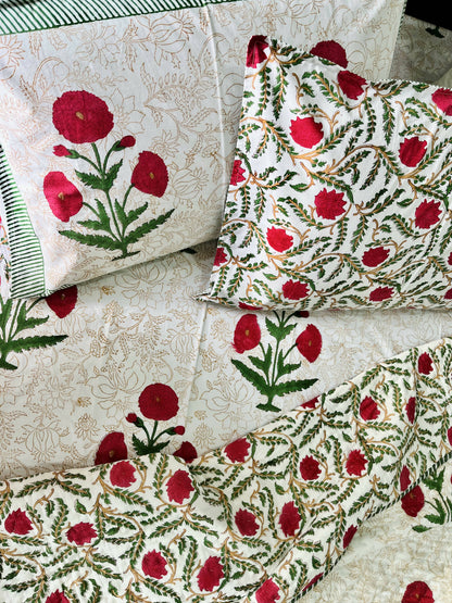 Red Poppy Hand Block Printed Cotton Bedding Set