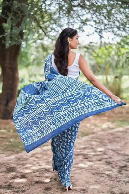 Mystic Mysore - Indigo Dabu Hand Block Print Mulmul Cotton Bagru Saree