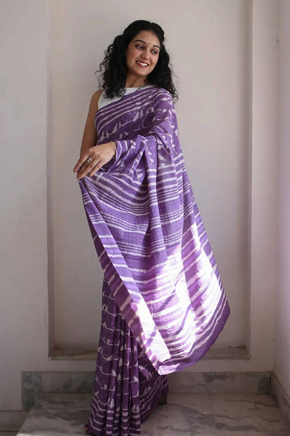 Little Birdies - Hand Block Print Mulmul Cotton Bagru Saree