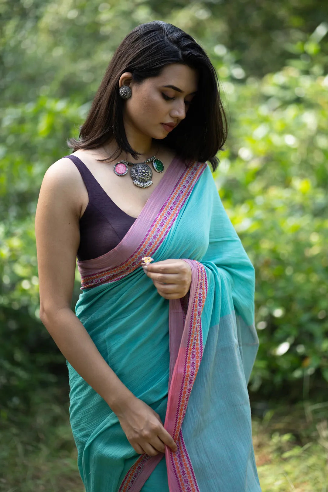 September Rain Turquoise Saree with Pink Border