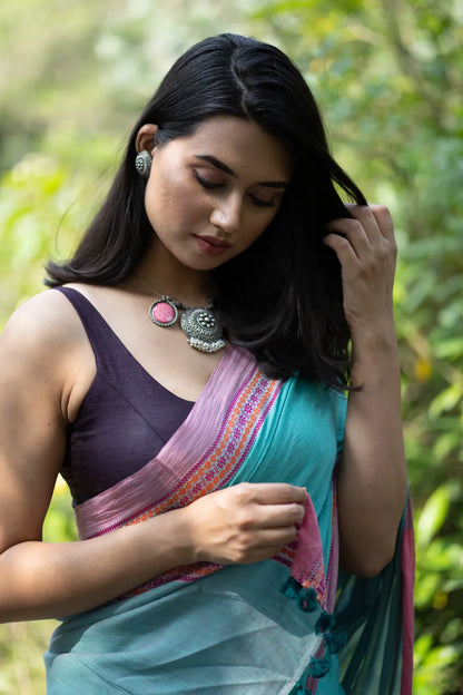 September Rain Turquoise Saree with Pink Border