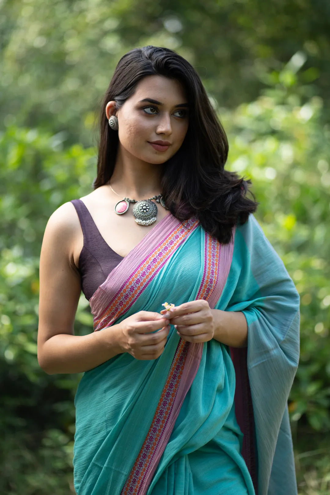 September Rain Turquoise Saree with Pink Border