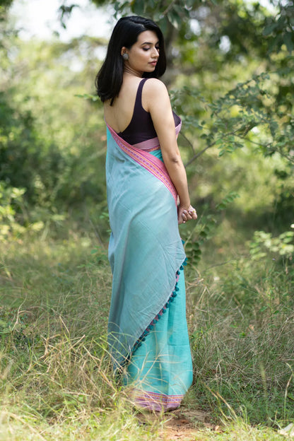 September Rain Turquoise Saree with Pink Border