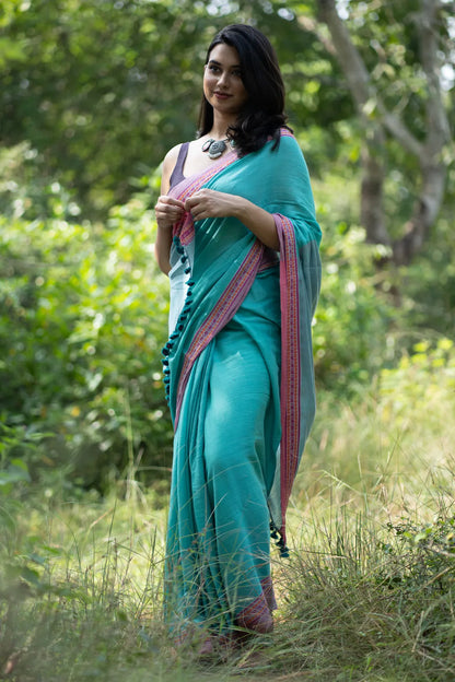 September Rain Turquoise Saree with Pink Border