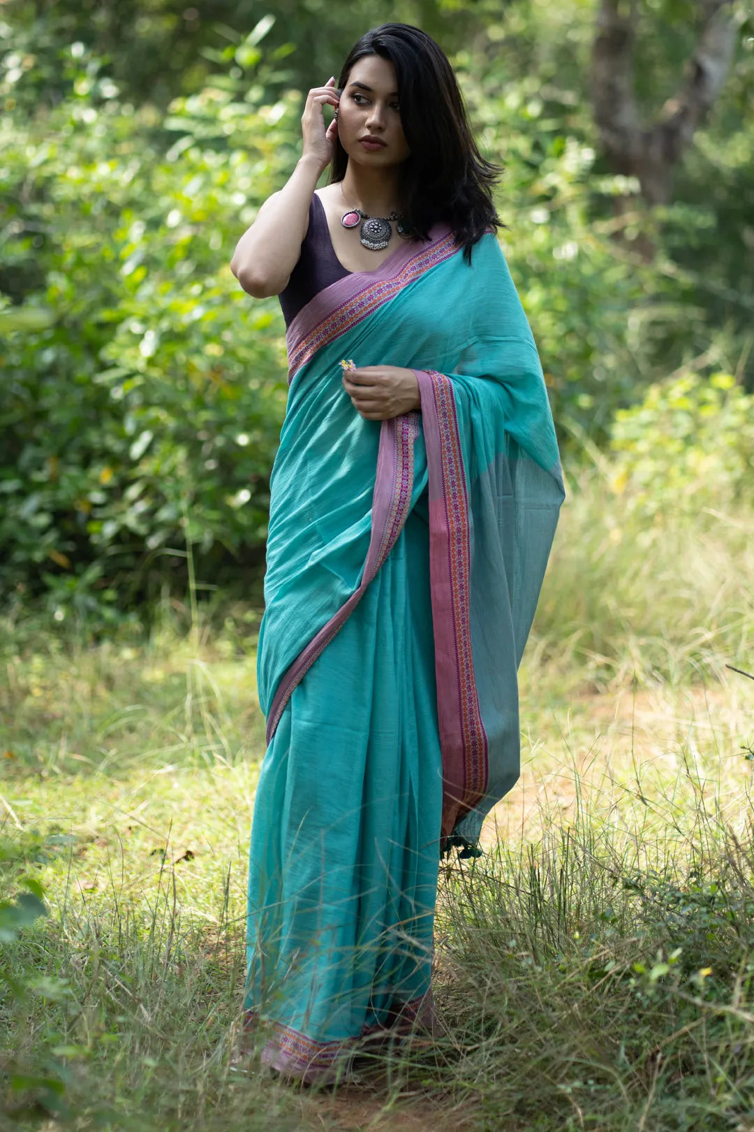 September Rain Turquoise Saree with Pink Border