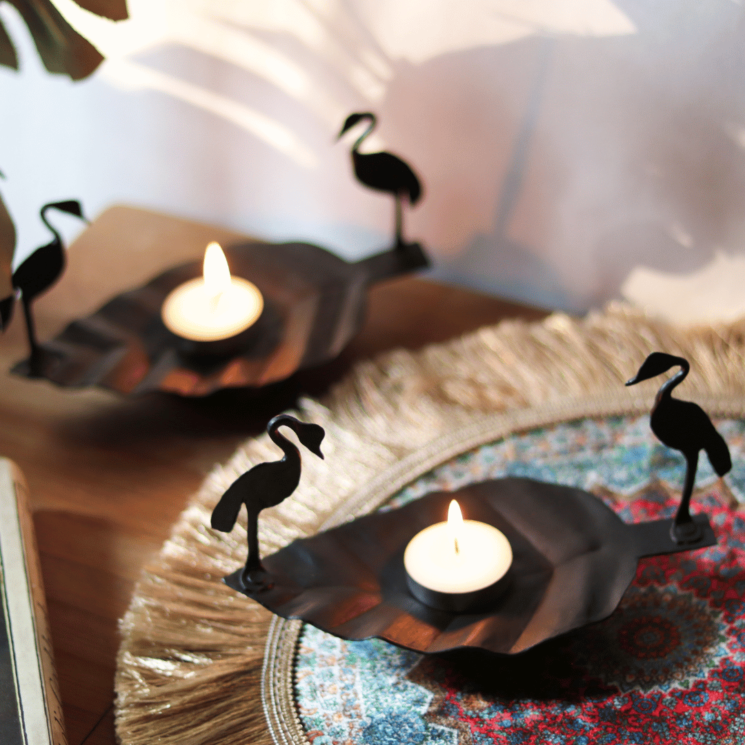 Atrangi Two Birds On A Leaf Wrought Iron Candle Holder