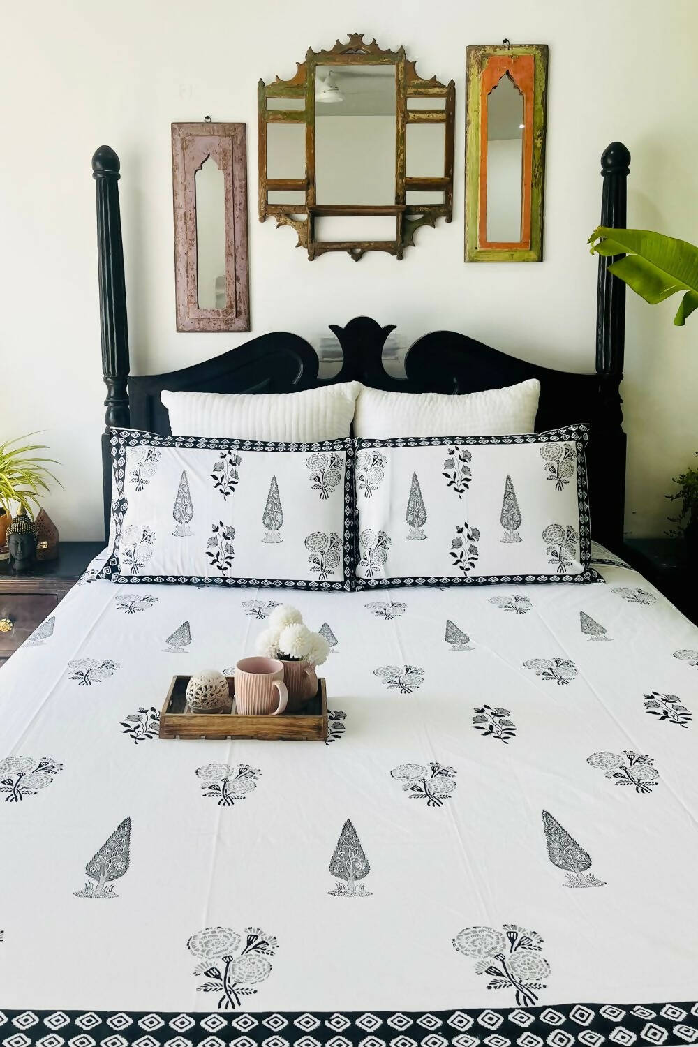 Black Cyprus Hand Block Printed Cotton Bedsheet - King Size