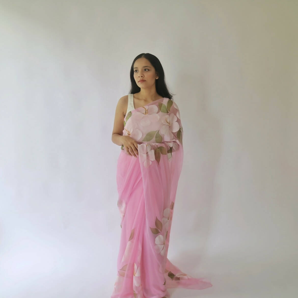 Hibiscus Chiffon Saree In Pink Base