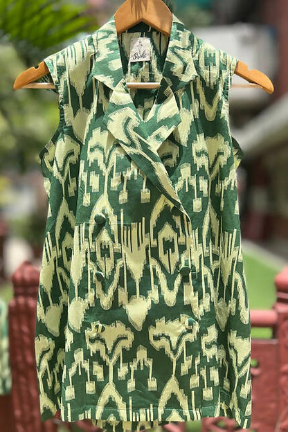 Pine Green Ikat Double Breasted Long Blazer - Shorts Set