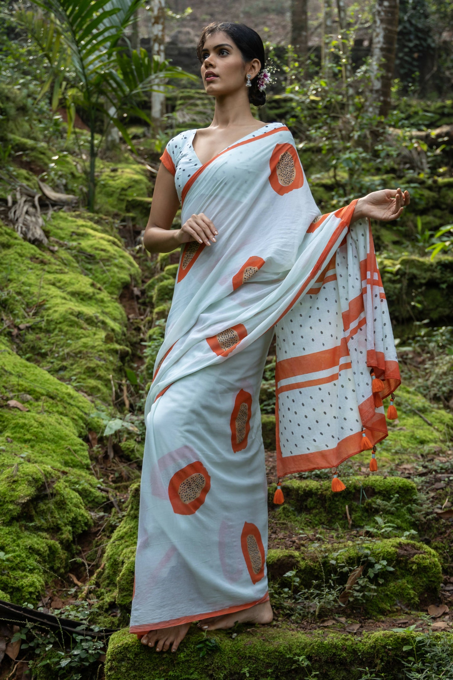 Popai Mul Cotton Orange Printed Saree