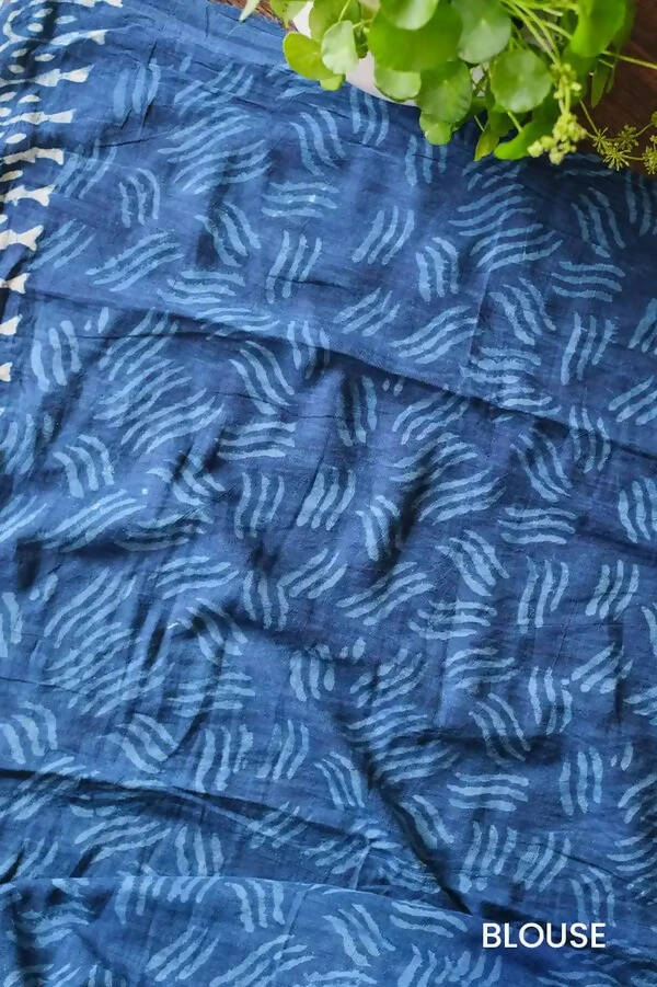 Mystic Mysore - Indigo Dabu Hand Block Print Mulmul Cotton Bagru Saree