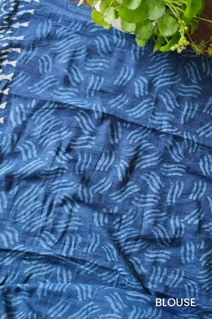 Mystic Mysore - Indigo Dabu Hand Block Print Mulmul Cotton Bagru Saree