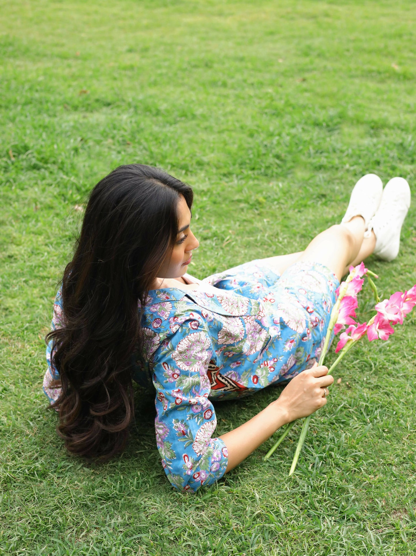 Blue Floral Blazer and Shorts Set (with Red Chevron Accents)