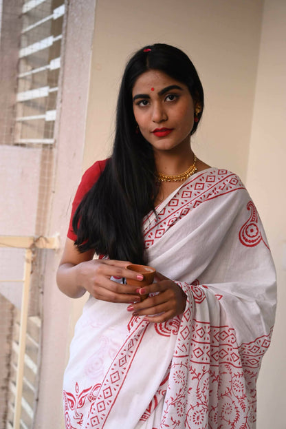 A Girl At Durga Puja Handblock Print Natural Dyed Mulmul Cotton Saree