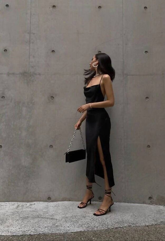 Black Calf Length Slit Satin dress