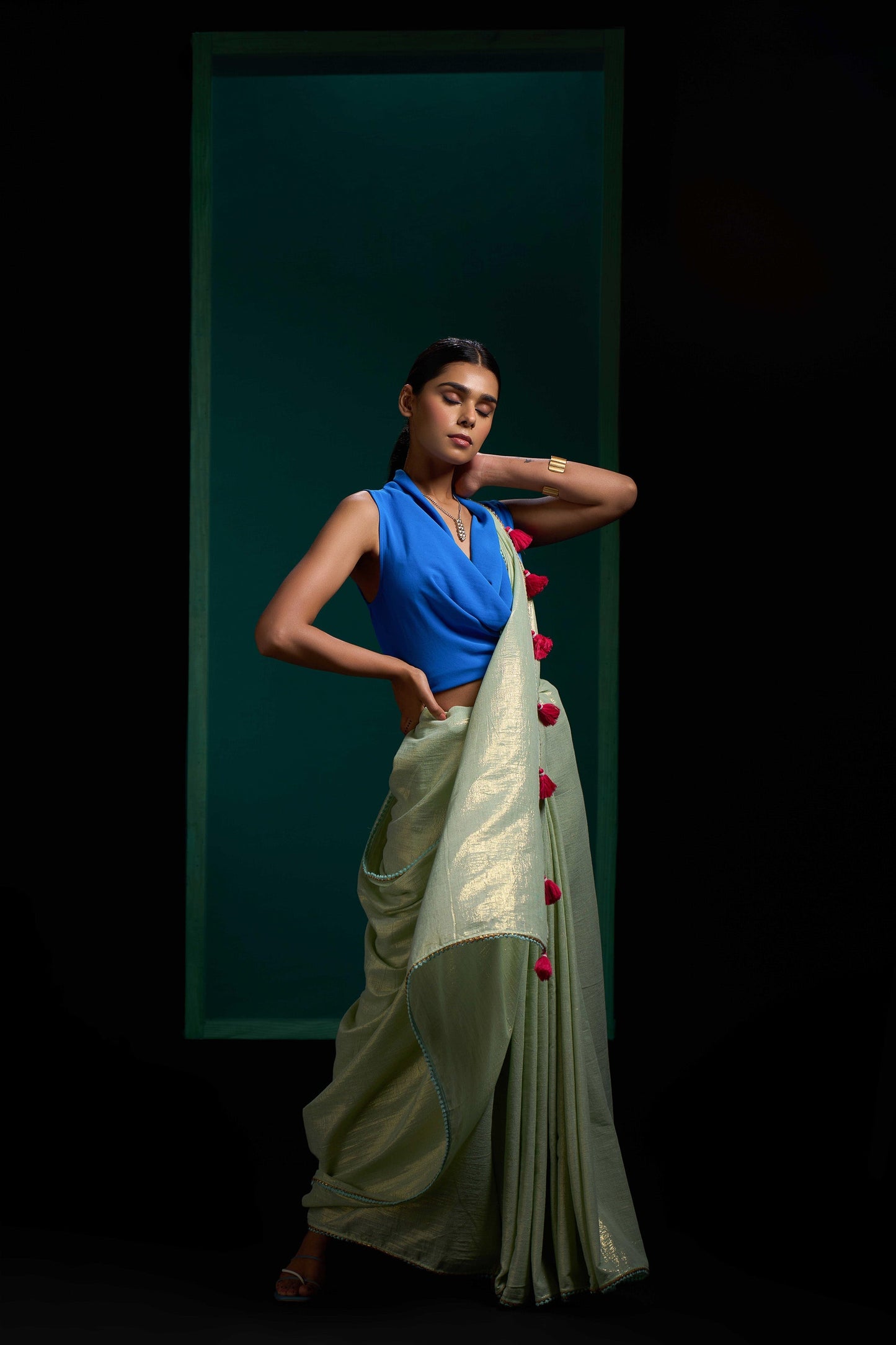 Mint Green Cotton Zari Saree