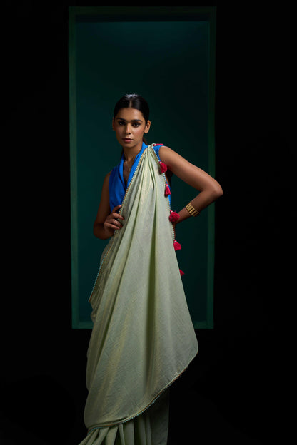 Mint Green Cotton Zari Saree