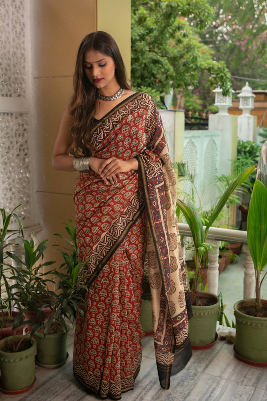 Nostalgic Cities - Hand Block Print Chanderi Silk Bagru Saree